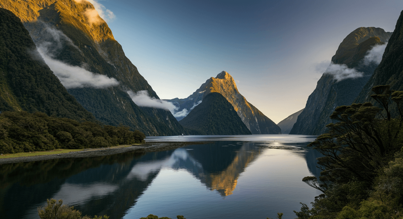 Milford Sound fjord in New Zealand's Fiordland, with Mitre Peak rising dramatically from still waters surrounded by lush rainforest-covered cliffs and drifting morning mist