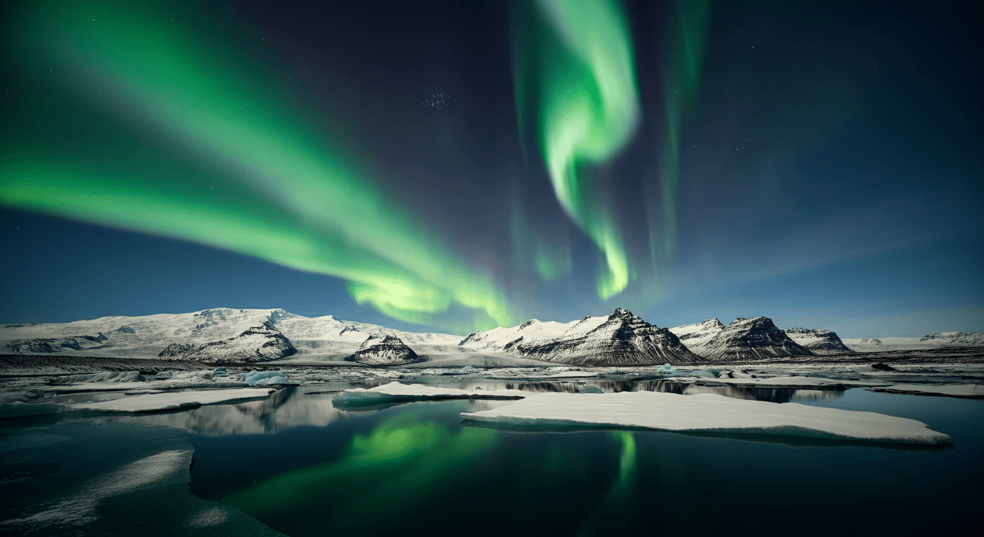 Aurora borealis shimmering in green and purple hues over a snow-covered Icelandic glacier landscape at night